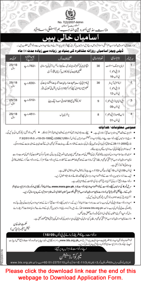 Ministry of Religious Affairs Islamabad Jobs 2017 April Application Form Download MORA Latest