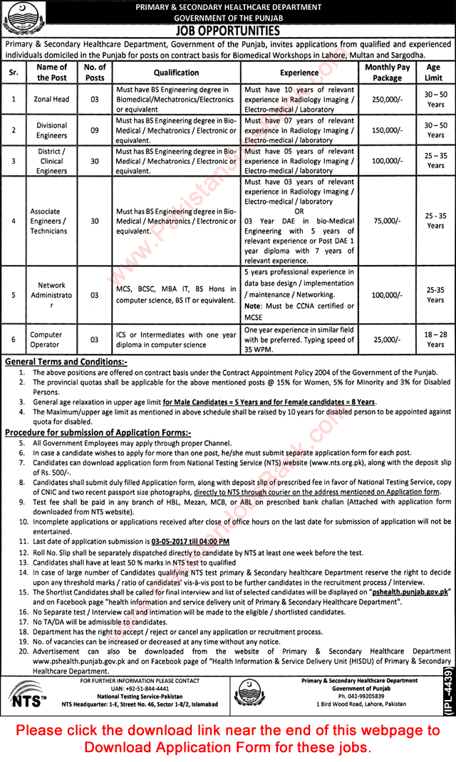 Primary and Secondary Healthcare Department Punjab Jobs April 2017 NTS Application Form Latest / New