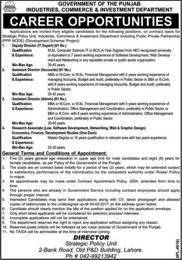 Industries Commerce and Investment Department Punjab Jobs April 2017 Lahore Research Associates & Others Latest