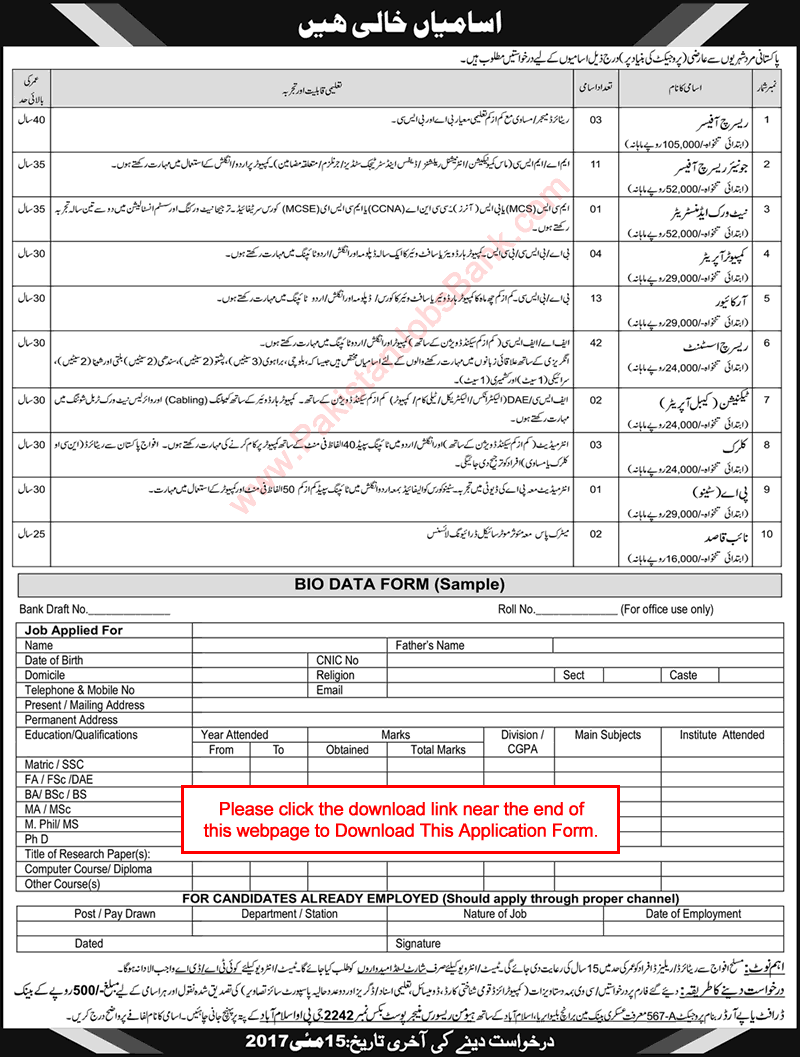 PO Box 2242 GPO Islamabad Jobs 2017 April / May Application Form Research Assistants & Others Latest