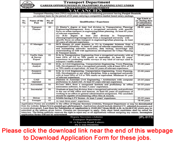 Transport Department Punjab Jobs 2017 April / May Application Form Download Latest