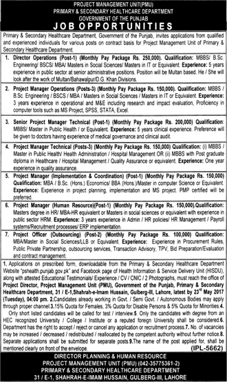 Primary and Secondary Healthcare Department Punjab Jobs May 2017 Project Managers & Others Latest