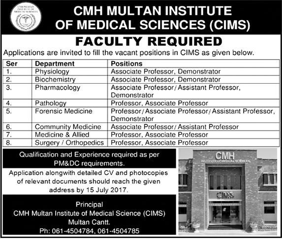 CMH Multan Institute of Medical Sciences Jobs July 2017 CIMS Teaching Faculty Latest