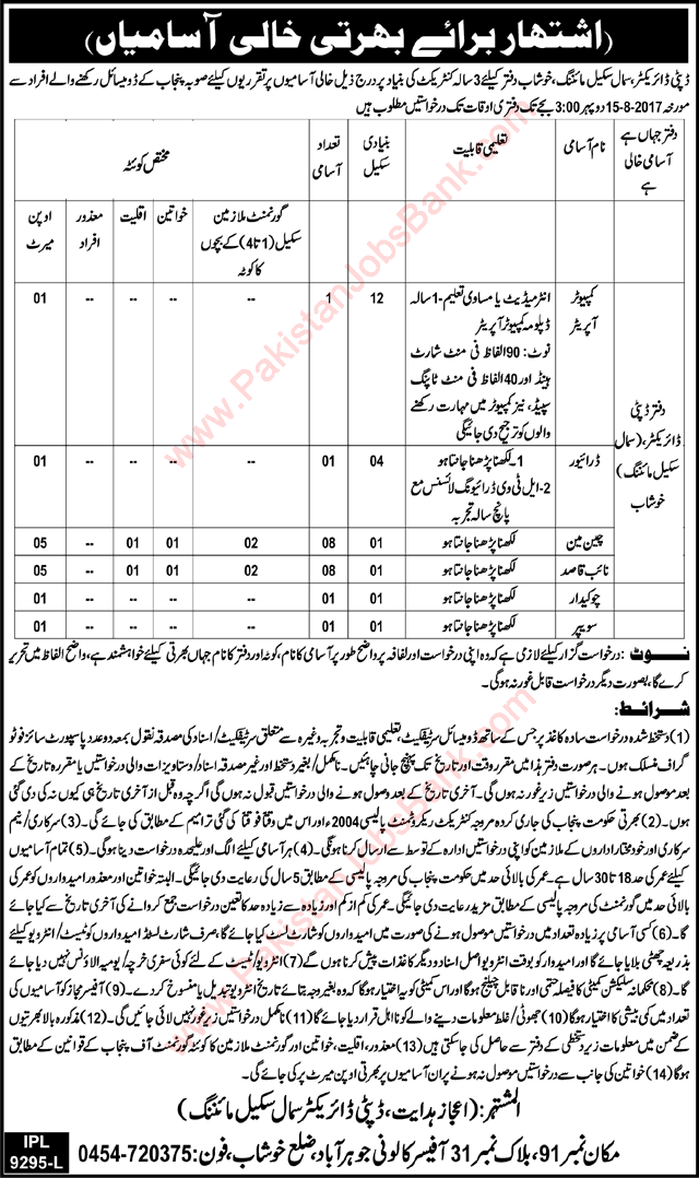 Directorate of Small Scale Mining Khushab Jobs 2017 July Naib Qasid, Chainman & Other Latest