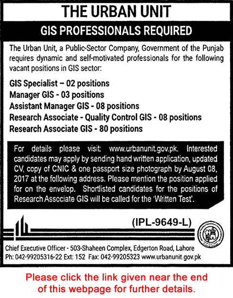 Urban Unit Jobs July 2017 Research Associates, Assistant / Managers & GIS Specialist Latest