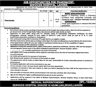 Pharmacist Jobs in Services Hospital Lahore August 2017 Latest