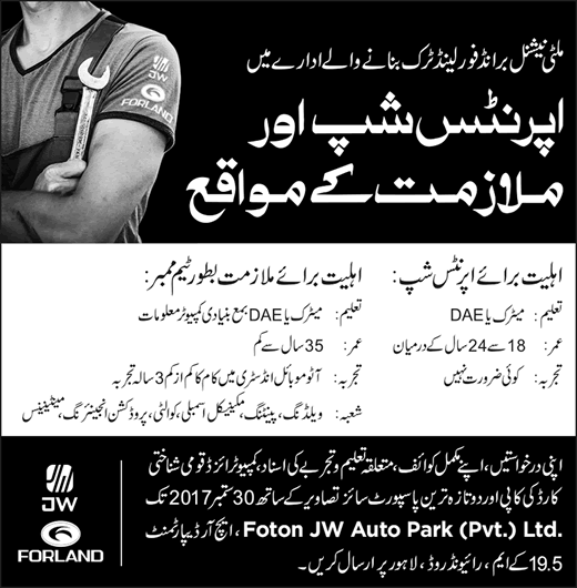 Foton JW Auto Park Pvt Ltd Pakistan Apprenticeships 2017 September Jobs Latest