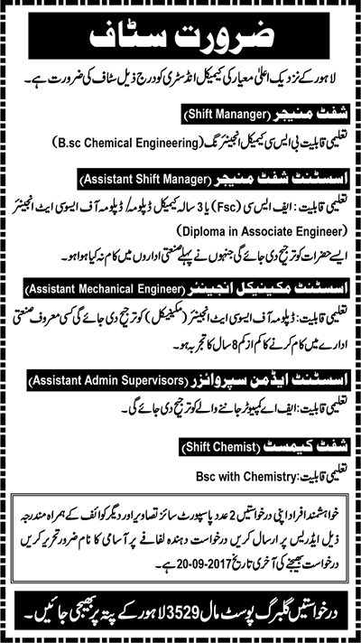 Chemical Industry Jobs in Lahore 2017 September Shift Managers, Mechanical Engineer & Others Latest