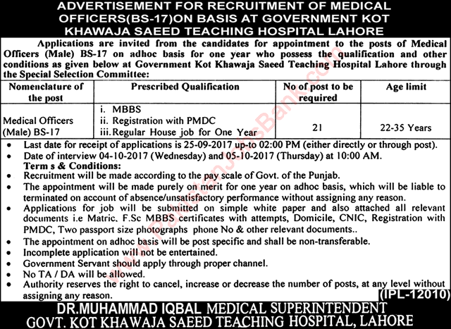 Medical Officer Jobs in Government Kot Khawaja Saeed Teaching Hospital Lahore September 2017 Latest