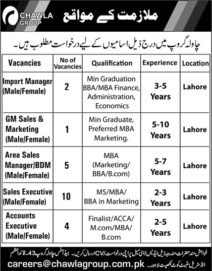 Chawla Group Lahore Jobs 2017 September Sales Executives & Others Latest