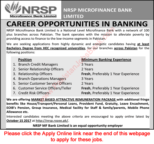 NRSP Microfinance Bank Jobs September 2017 Apply Online Customer Service Officers / Tellers & Others Latest