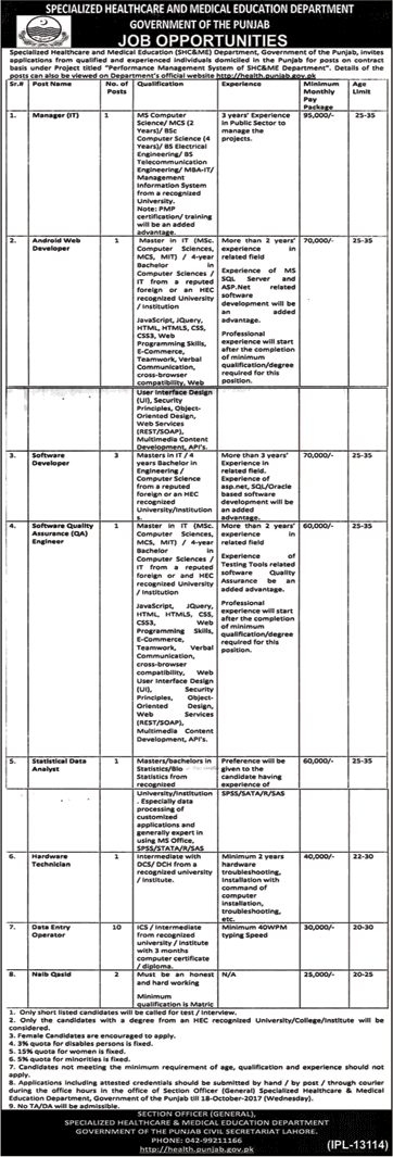 Specialized Healthcare and Medical Education Department Punjab Jobs October 2017 DEO & Others Latest