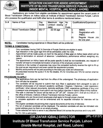 Blood Transfusion Officer Jobs in Institute of Blood Transfusion Service Punjab Lahore October 2017 Latest