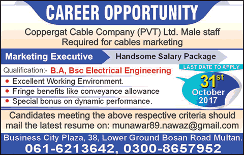 Marketing Executive Jobs in Coppergat Cable Company Pvt Ltd Multan October 2017 Latest