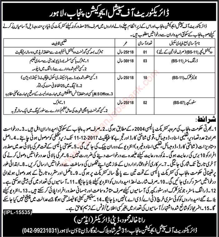 Special Education Department Punjab Jobs November 2017 December under Disabled Quota Latest