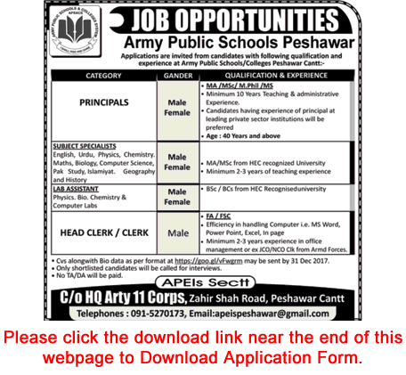 Army Public School Peshawar Jobs December 2017 Application Form Teachers & Others Latest