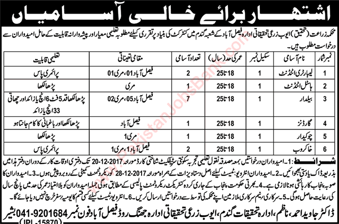Ayub Agriculture Research Institute Faisalabad Jobs December 2017 Baildar, Lab Attendants, Khakroob & Others Latest