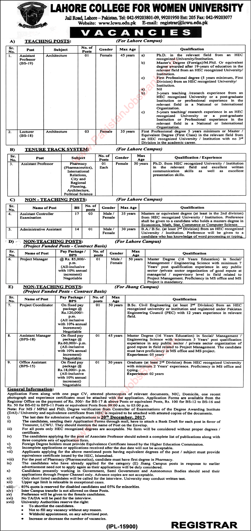 Lahore College for Women University Jobs December 2017 Teaching Faculty & Others LCWU Latest