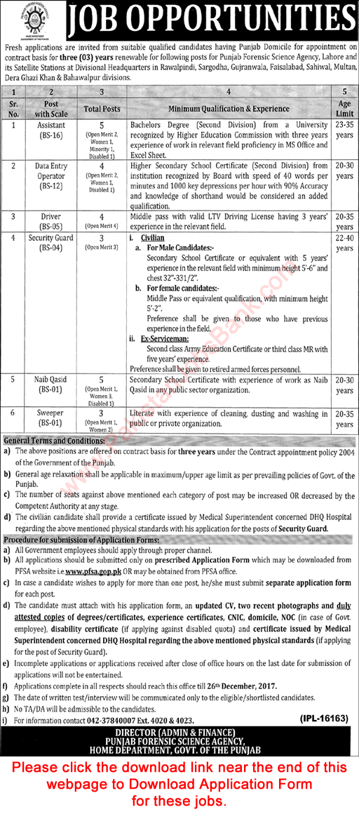 Punjab Forensic Science Agency Jobs December 2017 Application Form Assistants, DEO, Naib Qasid & Others Latest