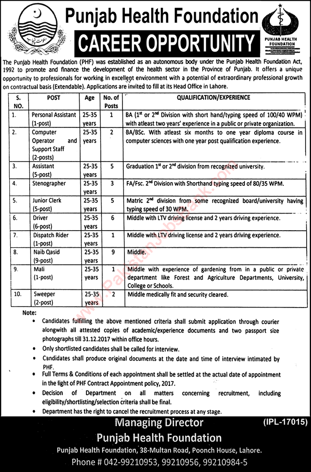 Punjab Health Foundation Jobs December 2017 Lahore Assistants, Clerks, Stenographers & Others Latest