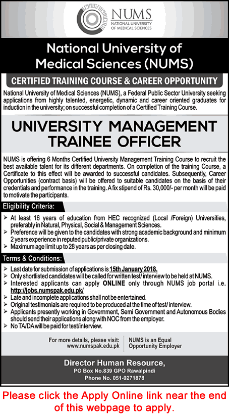 Management Trainee Officer Jobs in NUMS University Rawalpindi December 2017 / 2018 Apply Online MTO Latest