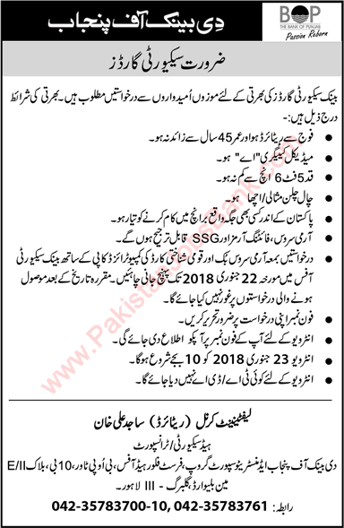 Security Guard Jobs in Bank of Punjab 2018 Ex / Retired Army Personnel BOP Latest