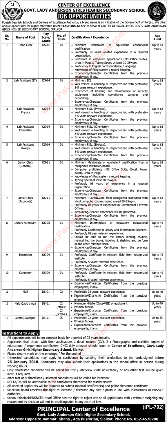 Danish School Sialkot Jobs 2018 Center of Excellence Lady Anderson Girls Higher Secondary School Latest