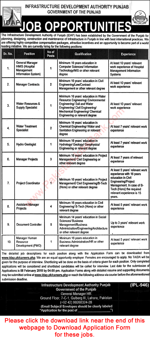 Infrastructure Development Authority of Punjab Jobs 2018 Application Form Document Controllers, Managers & Others Latest
