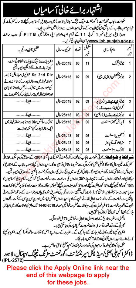 Government Mozang Teaching Hospital Lahore Jobs 2018 February Apply Online Medical Technicians & Clerks Latest