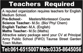 Teaching Jobs in Multan March 2018 at Army Public School FWO Latest
