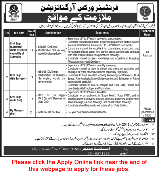 FWO Jobs March 2018 Apply Online Civil Engineers & Deputy Manager Frontier Works Organization Latest
