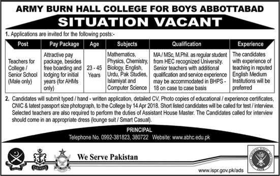 Teaching Jobs in Army Burn Hall College for Boys Abbottabad Jobs 2018 April Latest