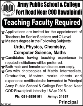 Army Public School and College Rawalpindi Jobs April 2018 for Teaching Faculty Latest