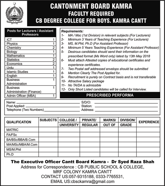 Cantonment Board Degree College for Boys Kamra Jobs 2018 April / May for Lecturers / Assistant Professors Latest