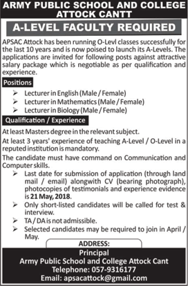 Lecturer Jobs in Army Public School and College Attock May 2018 APS&C Latest