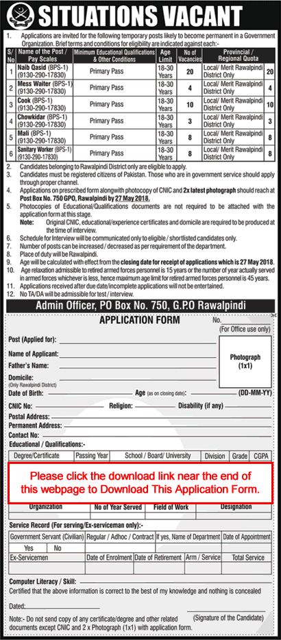 PO Box 750 GPO Rawalpindi Jobs 2018 May Application Form Naib Qasid, Cooks & Others Pakistan Army Latest