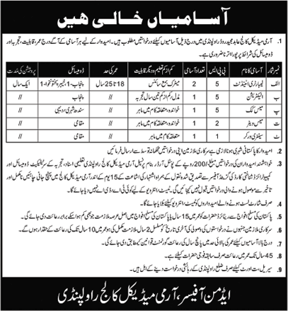 Army Medical College Rawalpindi Jobs 2018 June Lab Attendant, Cook, Waiter & Others Latest