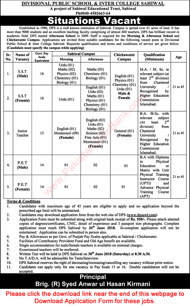 Divisional Public School and Inter College Sahiwal Jobs 2018 June Teachers Application Form Download Latest
