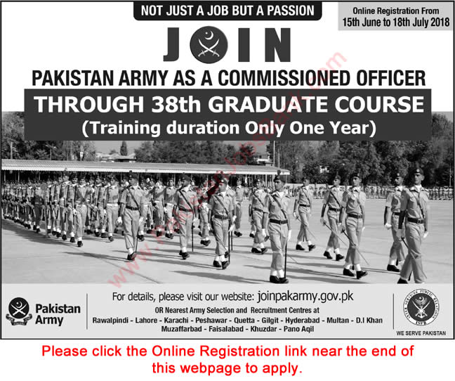 Join Pakistan Army as Commissioned Officer June 2018 through 38th Graduate Course Online Registration Latest
