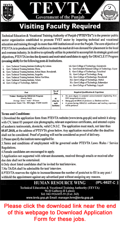 TEVTA Jobs June 2018 Application Form Visiting Faculty for Oracle IT Program Latest