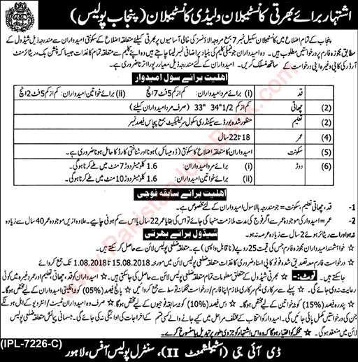 Punjab Police Constable Jobs July 2018 Latest Advertisement