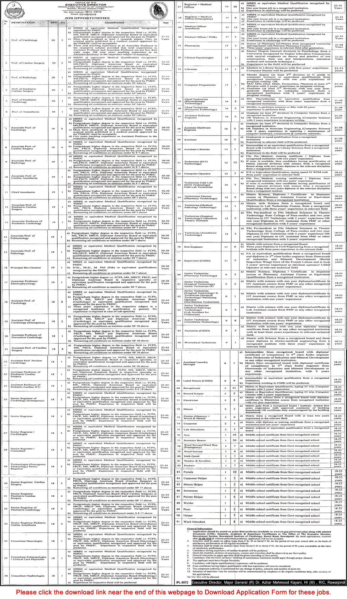 Rawalpindi Institute of Cardiology Jobs 2018 August Application Form RIC Hospital Latest