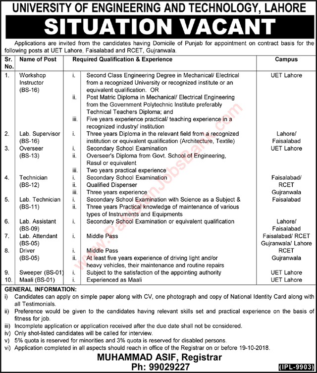 UET Lahore Jobs October 2018 University of Engineering and Technology Latest