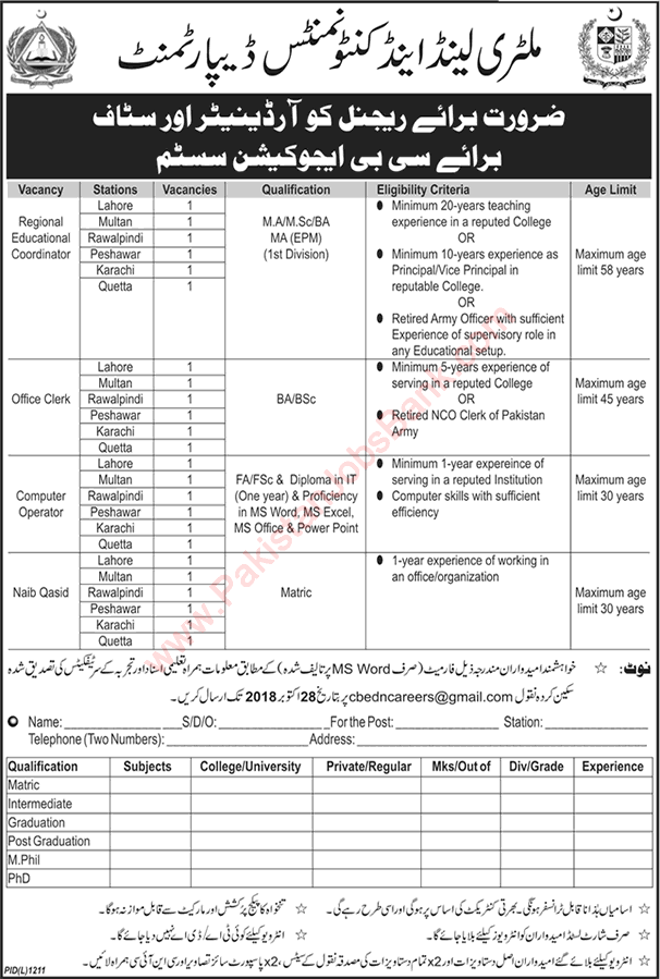 Military Land and Cantonment Department Jobs October 2018 Cantonment Board (CB) Education System Latest