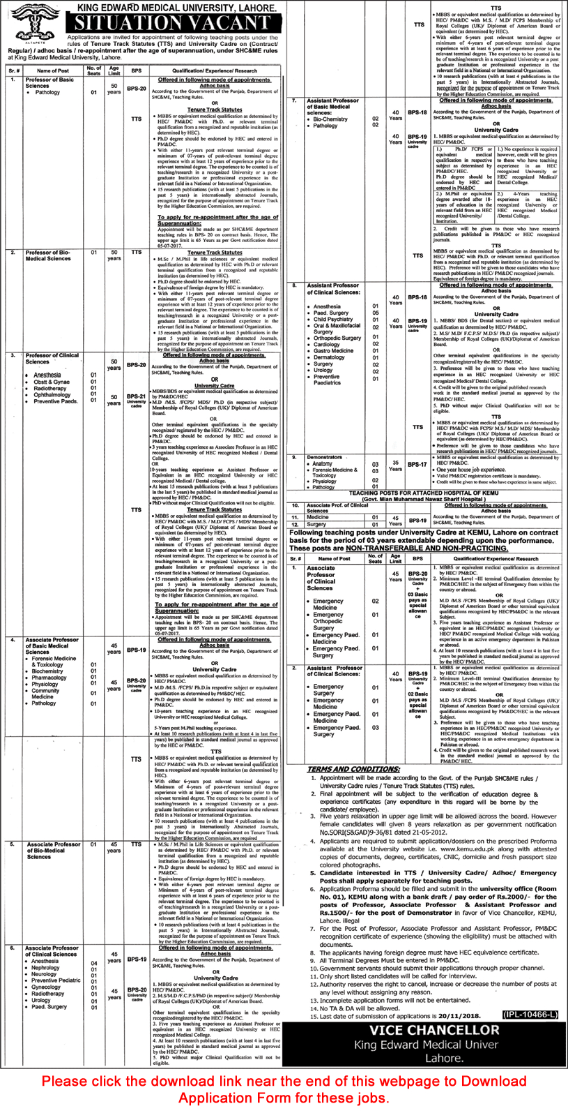 King Edward Medical University Lahore Jobs October 2018 November Application Form Teaching Faculty & Others Latest