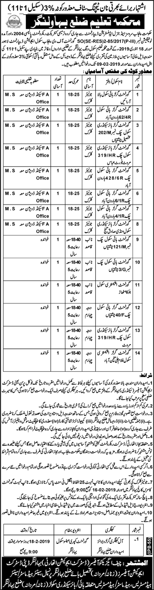 Education Department Bahawalnagar Jobs 2019 January / February Clerks, Naib Qasid & Class 4 Disabled Quota Latest