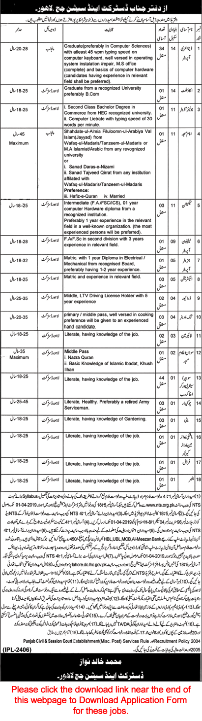 District and Session Court Lahore Jobs 2019 March NTS Application Form Data Entry Operators & Others Latest