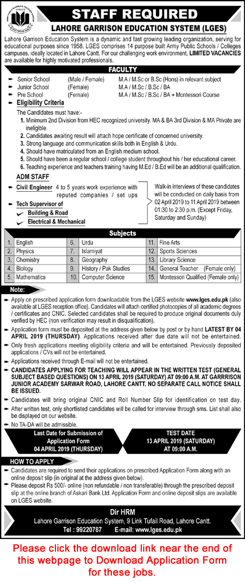 Lahore Garrison Education System Jobs 2019 March Application Form Teaching Faculty & Others Latest