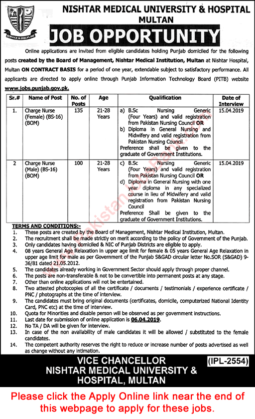 Charge Nurse Jobs in Nishtar Medical College and Hospital Multan March 2019 Apply Online Latest