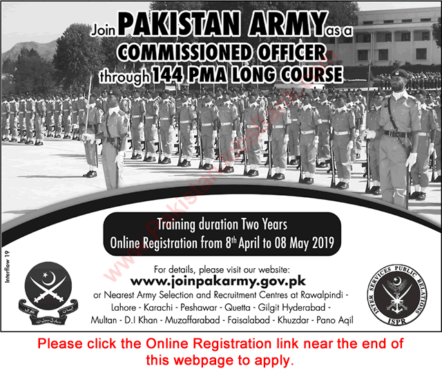 Join Pakistan Army as Commissioned Officer 2019 April through 144 PMA Long Course Online Registration Latest